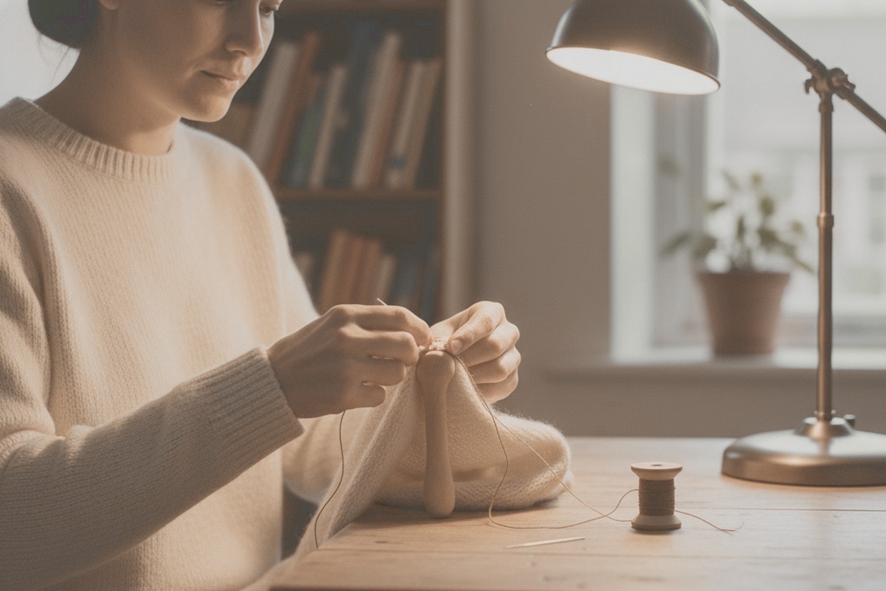 Kobieta ceruje wełniany sweter w świetle lampy, obok na stole leżą nitka i igła.